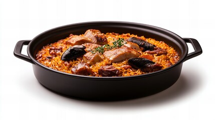 Delicious seafood paella in a black pan. A vibrant dish featuring rice, chicken, mussels, and herbs.