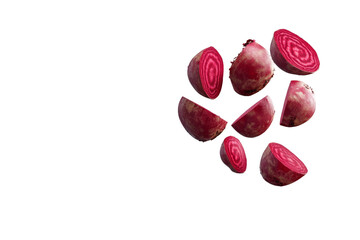 Close up of a bunch of purple beets with one of them cut in half, isolated