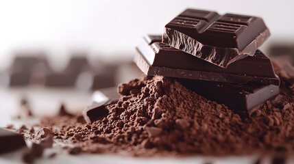 Dark Chocolate Delight: A delectable arrangement of rich, dark chocolate squares rests invitingly atop a bed of cocoa powder, tantalizing the senses with its deep color and texture.