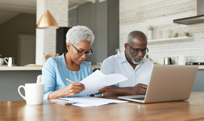 Elderly couple sitting at wooden dining table in bright modern home, reviewing documents with focused expressions, laptop open, warm setting reflecting moment of financial planning and budgeting