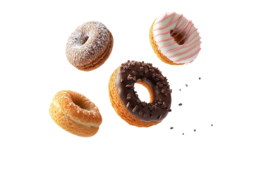 Four donuts in the air, one of which is chocolate, isolated