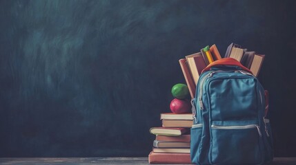 Back-to-school education concept with a yellow school backpack filled with books, notebooks, pencils, and other supplies against a dark blackboard background, symbolizing learning, academic preparatio