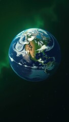 Green Earth Globe in Space View from Above. Ideal for educational projects about Earth science, illustrating global perspectives, environmental themes, showcasing continents and geography