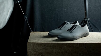 Minimalist Sneakers Displayed on Wooden Pedestal in Studio Lighting