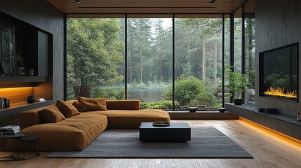 Modern living room with large windows showcasing a serene natural landscape.