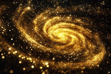 A mesmerizing, golden-hued galactic spiral swirls with luminous particles against the dark expanse of space, evoking cosmic beauty.