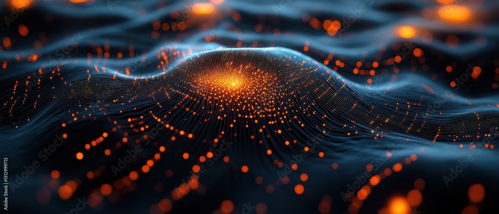 Poster abstract visualization of flowing data waves with glowing particles