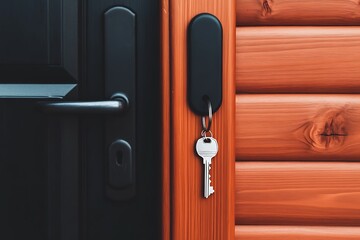Silver Key on Keychain Hanging on Wooden Door