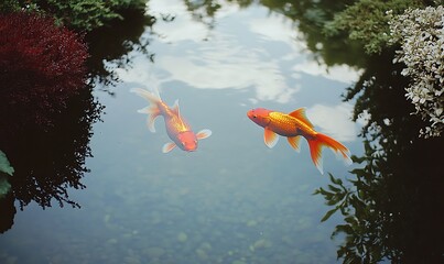 Two Koi Fish Swimming in a Serene Pond