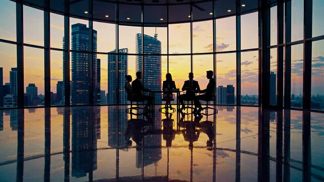 Silhouetted business meeting in a high-rise office at sunset, captured from a low angle. The video conveys a modern, professional atmosphere.