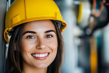 Smiling young hispanic female engineer in yellow hard hat at construction site