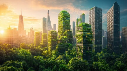 Green city skyline sunrise, eco-friendly buildings, nature integration, sustainable urban future