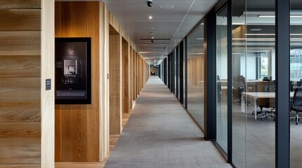 Modern office corridor with wooden accents and glass partitions, designed for workspace efficiency.