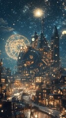 The Futuristic City Constructed With Metallic Elements Under A Starry Sky