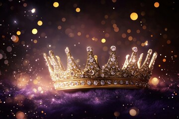 A luxurious golden crown adorned with sparkling gems on a soft purple background.