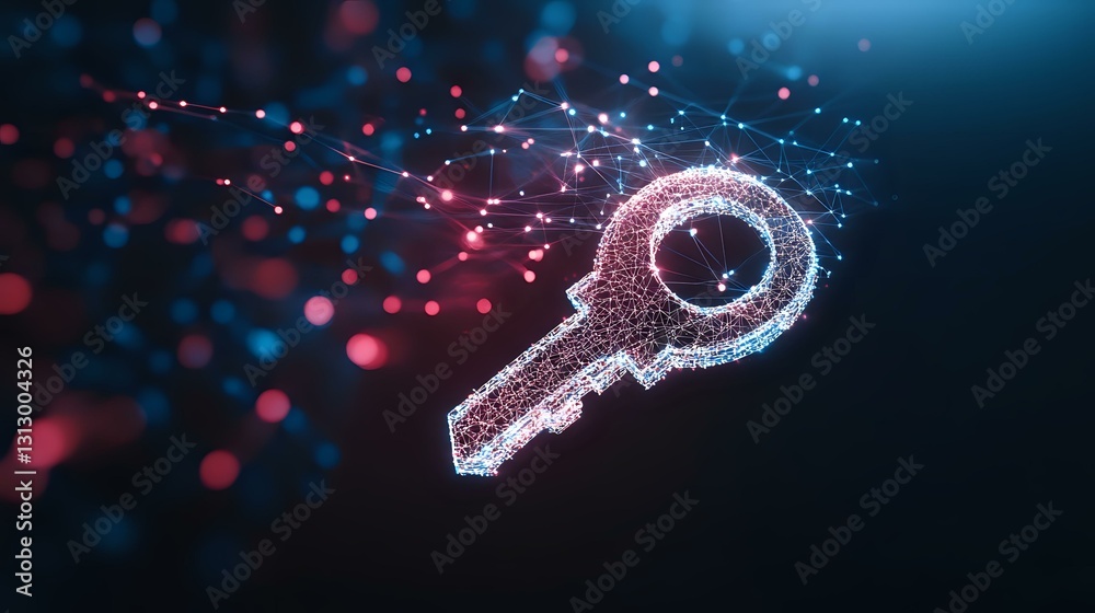Poster digital key made of glowing particles and light dots floating in dark space with red and blue bokeh 