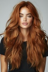 Naklejka premium Young woman with flowing copper red hair wearing black top on gray background, natural makeup look and voluminous wavy hairstyle for beauty and fashion advertising.
