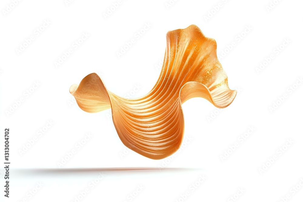Poster abstract flowing golden ribbon shape with curved lines and metallic sheen floating against white bac
