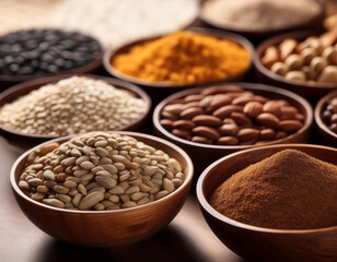 Fototapeta premium Healthy Eating - Nuts, Seeds and Dried Fruits Assortment. Spices and Herbs for Food Labels. Seasonings and Flavorings.
