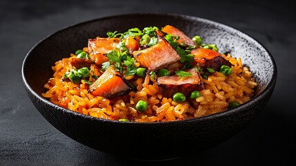 Delicious salmon and rice bowl. Savory dish with peas and herbs.