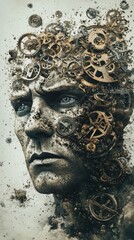 A mans face intricately intertwined with many mechanical gears