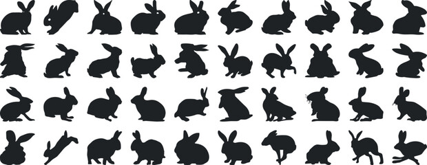 rabbit silhouettes, various bunny vector lively poses, rabbit, bunny, hare on white background. Perfect for Easter, pet, animal themes