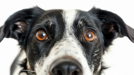 Close-up of an attentive dog with striking orange eyes against a plain white background, showcasing its curiosity