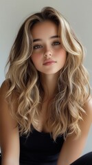 Naklejka premium A woman with long blonde hair is sitting in a black tank top