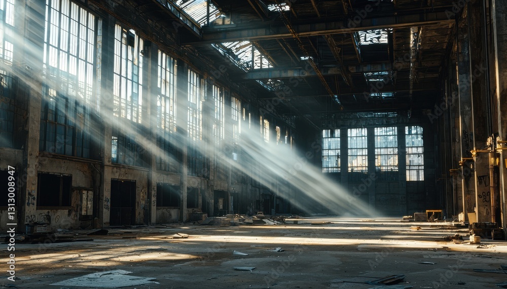 Poster a large, empty building with sunlight shining through the windows