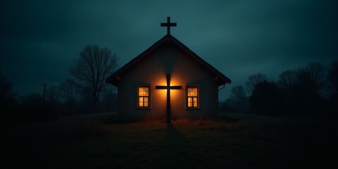 Fototapeta premium Sanctuary of the Cross: A House Radiantly Lit, Signifying a Haven of Faith and Deep Devotion.