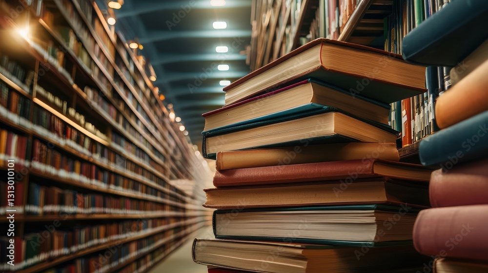 Poster A library with many books stacked on top of each other