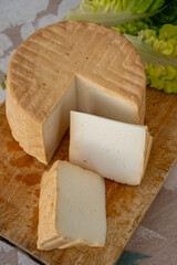 Cheese collection, piece of round fresh smoked Spanish goat cheese close up