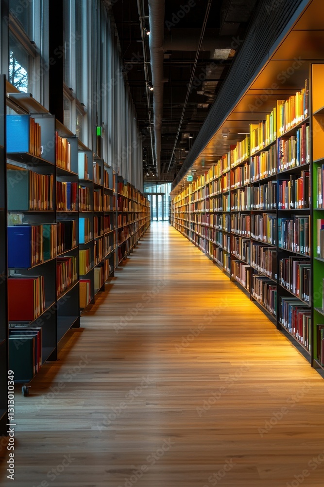 Poster a long library aisle with many books on the shelves