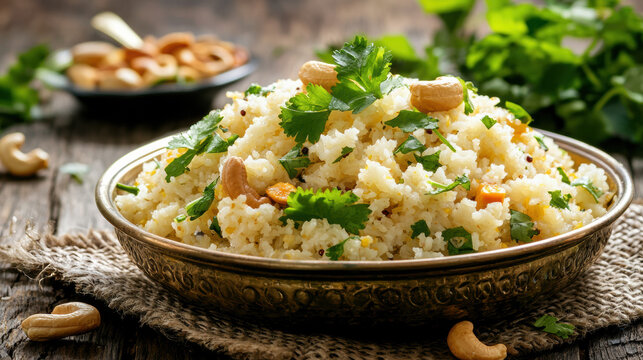 Delicious and Healthy Sajja (Rava) Upma on Brass Plate, Traditional Indian Morning Meal.