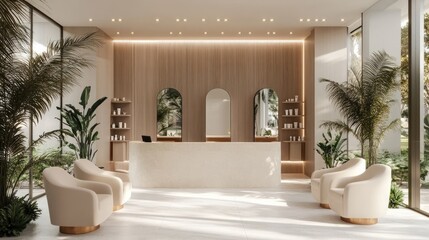 A modern beauty salon reception desk with a luxurious waiting area and elegant decor.
