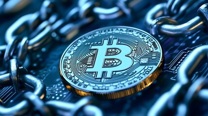 Secure Bitcoin Cryptocurrency Digital Coin Blockchain Technology Metal Chain Cyber Security Finance Investment Future Money Crypto Currency Digital   