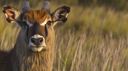 Fototapeta premium Majestic Waterbuck Antelope Portrait in Grassland