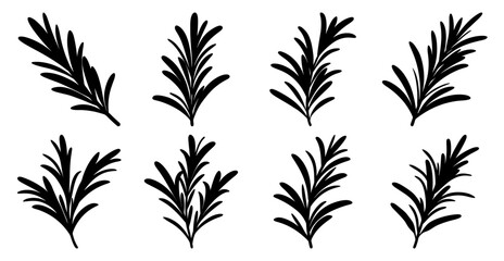 Collection of eight black silhouette illustrations of rosemary sprigs in various styles and orientations