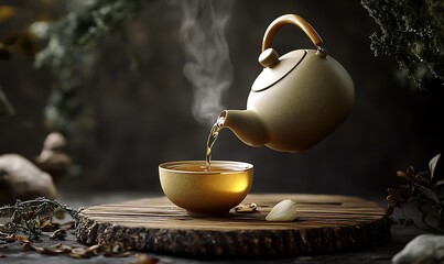 Warm Golden Tea Pouring from Speckled Teapot into Bowl on Rustic Wood