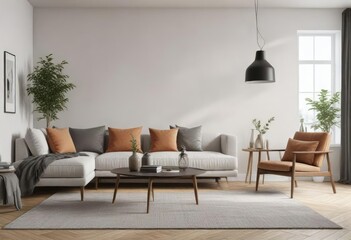 Fototapeta premium Minimalist living room interior with Scandinavian design furniture, modern, clean