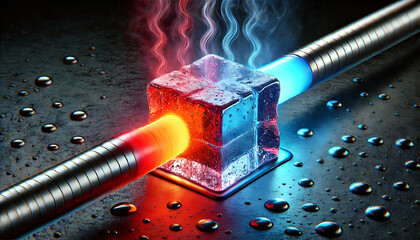 Heat and Cold Transfer Concept, Thermal Energy Flow, A close-up digital illustration of heat conduction, showing red-hot metal transferring heat to ice through a metal rod