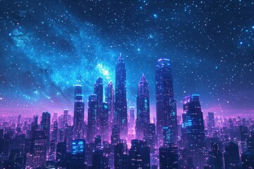 Fototapeta premium A futuristic cityscape towers beneath a starry night sky