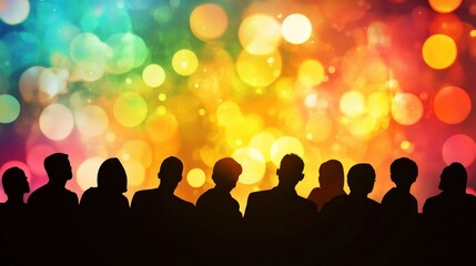 Fototapeta premium Silhouettes of a diverse group of people against a vibrant, colorful bokeh background