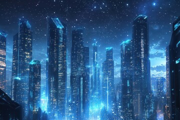 Futuristic cityscape showcasing tall buildings illuminated by blue glowing lights