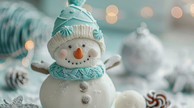 Cute snowman decoration with a knitted hat and scarf, surrounded by festive ornaments and a soft winter background