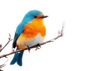 Colorful bird perched on a snowy branch in a winter landscape showcasing vibrant hues