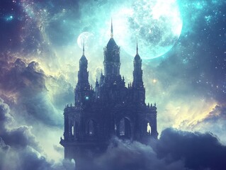 Naklejka premium Celestial Castle: A gothic-inspired structure rises through clouds under a luminous moon, blending fantasy with architectural grandeur.