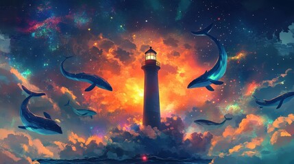 A glowing lighthouse is surrounded by celestial flying whales