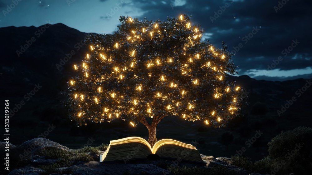 Poster A tree with lights on it is sitting on top of an open book