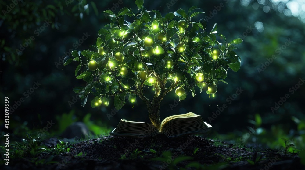 Poster a tree with glowing leaves is sitting on top of an open book